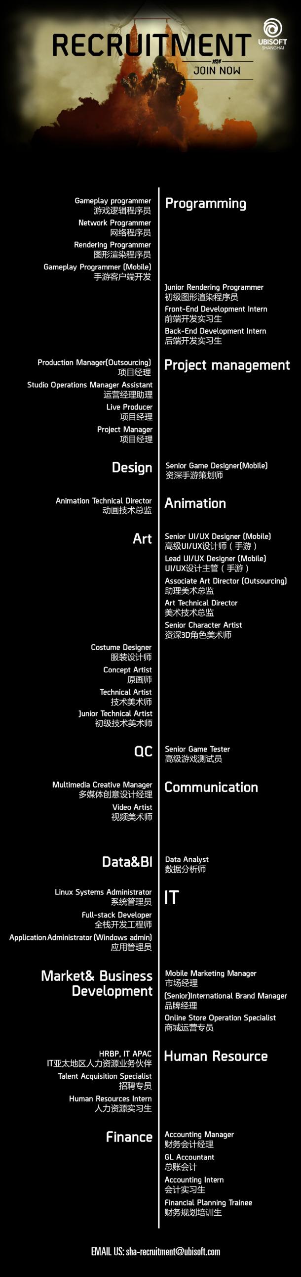 育碧上海工作室本周热招岗位 高级游戏测试员不错