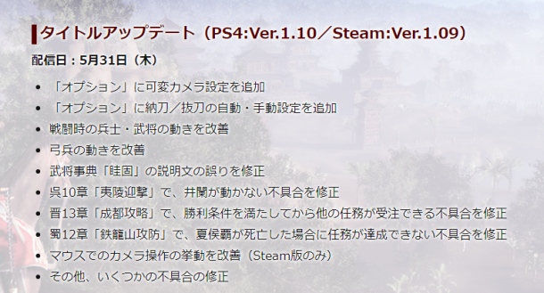 《真三國無雙8》Steam 1.09版更新