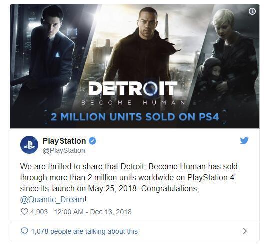 《底特律：变人》销量突破200万 成为开发商最热销作品