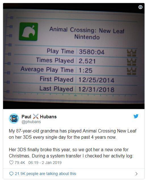 87岁老奶奶沉迷于《动物之森：新叶》 玩了3580个小时