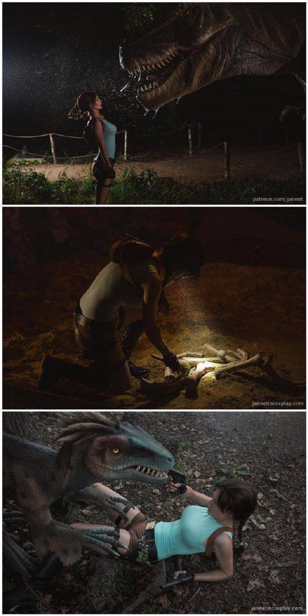 美女Cos《古墓丽影》劳拉 爆乳妹和恐龙亲密接触