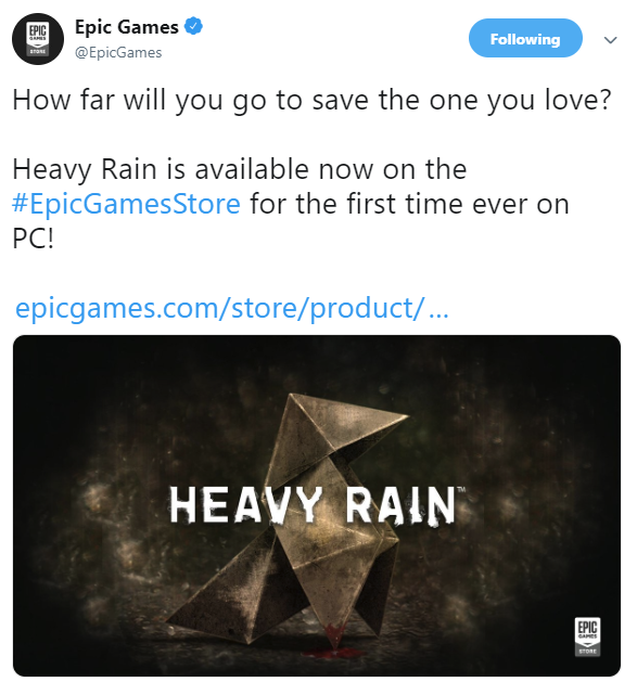 《暴雨》PC版正式发售 Epic商城独占疑似锁国区